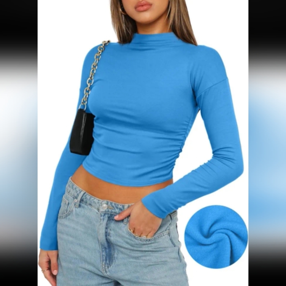 Darong Women's Long Sleeve Mock Neck Slim Fit Crop Top Ribbed Kint Y2K Casual XS